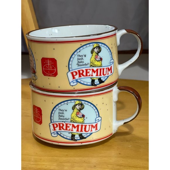Set of 2 Premium Crackers Mugs, Soup, Chili, Cocoa, Coffee, 1991 Made in Japan - Picture 6 of 7